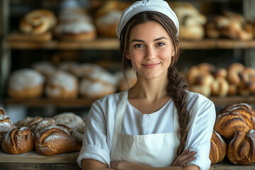 Young woman baker in bakershop. Cheerful female bakery worker in apron standing near shelves with baked bread products. Portrait of girl in bakery store