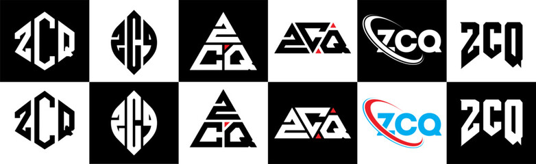 ZCQ letter logo design in six style. ZCQ polygon, circle, triangle, hexagon, flat and simple style with black and white color variation letter logo set in one artboard. ZCQ minimalist and classic logo