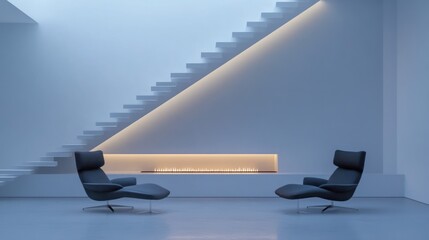Modern minimalist living room with fireplace and staircase