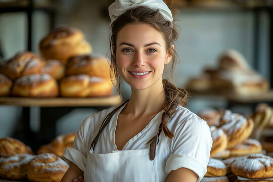Young female baker in bakershop. Cheerful woman in apron standing in bakery store with shelves of fresh bread and baked goods. Bakery business concept