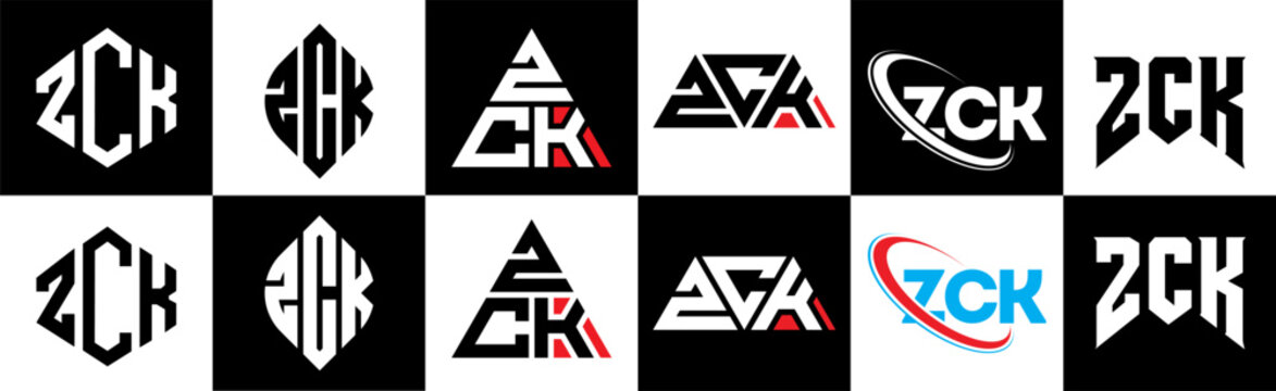 ZCK letter logo design in six style. ZCK polygon, circle, triangle, hexagon, flat and simple style with black and white color variation letter logo set in one artboard. ZCK minimalist and classic logo