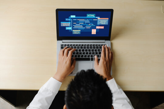 Software development or programming work with coding screen of various programming languages like HTML, Python, Java, and C brisk for new application development