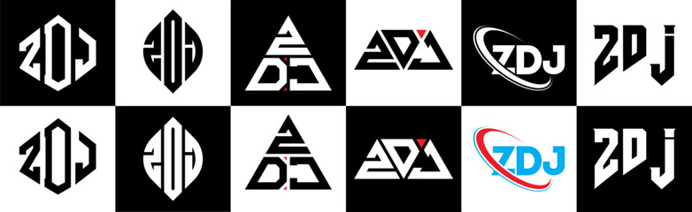 ZDJ letter logo design in six style. ZDJ polygon, circle, triangle, hexagon, flat and simple style with black and white color variation letter logo set in one artboard. ZDJ minimalist and classic logo