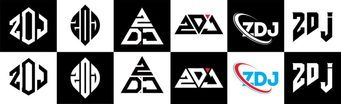 ZDJ letter logo design in six style. ZDJ polygon, circle, triangle, hexagon, flat and simple style with black and white color variation letter logo set in one artboard. ZDJ minimalist and classic logo