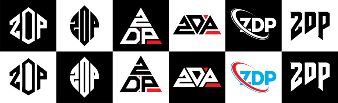 ZDP letter logo design in six style. ZDP polygon, circle, triangle, hexagon, flat and simple style with black and white color variation letter logo set in one artboard. ZDP minimalist and classic logo