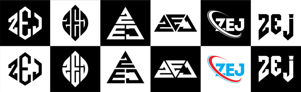 ZEJ letter logo design in six style. ZEJ polygon, circle, triangle, hexagon, flat and simple style with black and white color variation letter logo set in one artboard. ZEJ minimalist and classic logo