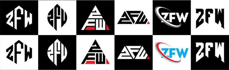 ZFW letter logo design in six style. ZFW polygon, circle, triangle, hexagon, flat and simple style with black and white color variation letter logo set in one artboard. ZFW minimalist and classic logo