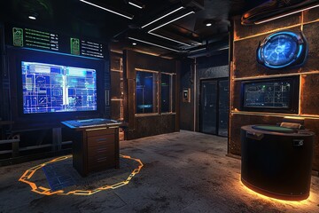 Virtual escape room challenges teams with complex puzzles.