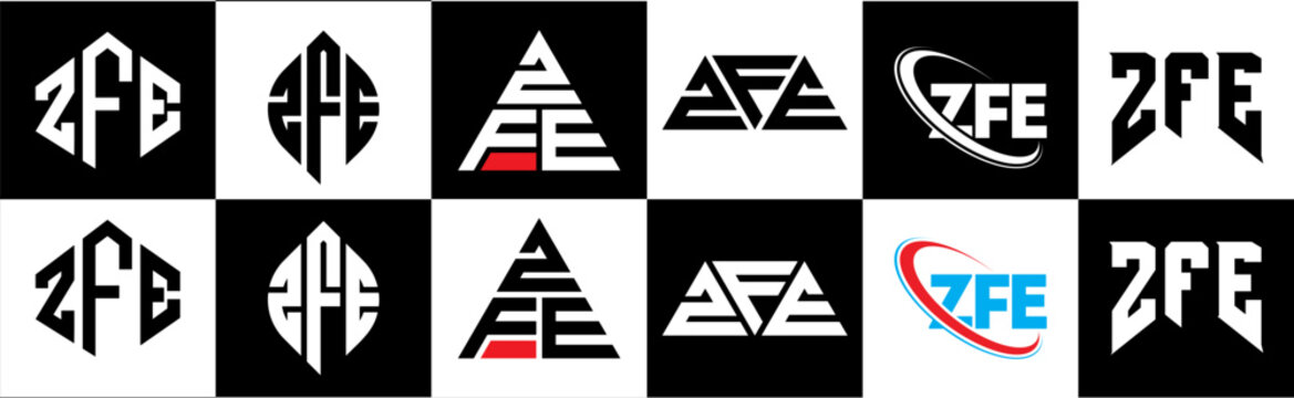 ZFE letter logo design in six style. ZFE polygon, circle, triangle, hexagon, flat and simple style with black and white color variation letter logo set in one artboard. ZFE minimalist and classic logo