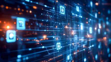 Secure Digital Network glowing blue and orange data stream network security technology