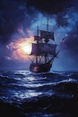 Fototapeta premium Majestic sailing ship sunset ocean voyage