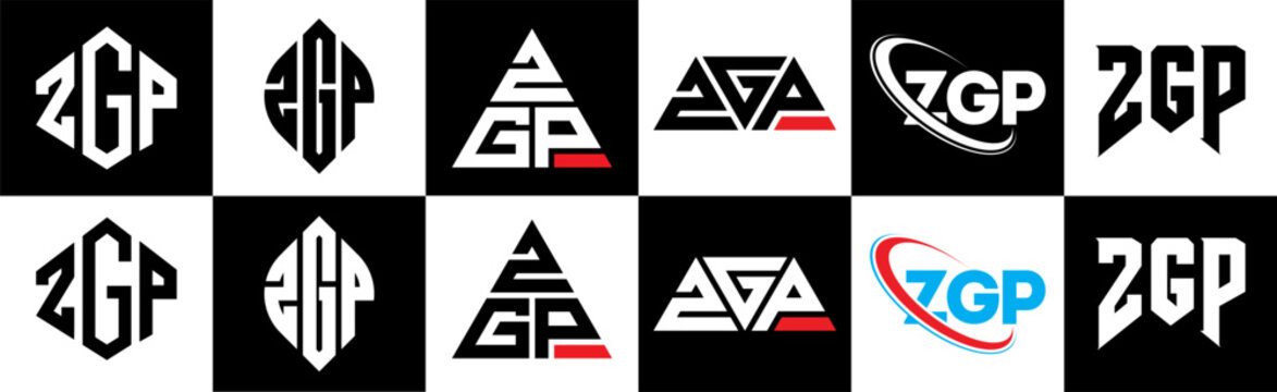ZGP letter logo design in six style. ZGP polygon, circle, triangle, hexagon, flat and simple style with black and white color variation letter logo set in one artboard. ZGP minimalist and classic logo
