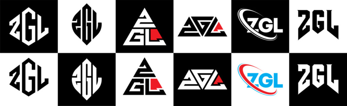 ZGL letter logo design in six style. ZGL polygon, circle, triangle, hexagon, flat and simple style with black and white color variation letter logo set in one artboard. ZGL minimalist and classic logo