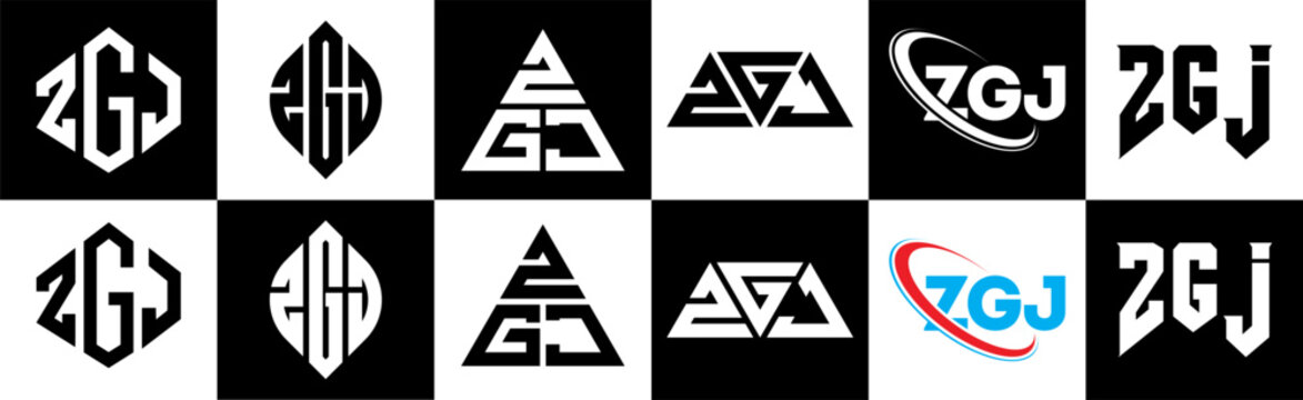 ZGJ letter logo design in six style. ZGJ polygon, circle, triangle, hexagon, flat and simple style with black and white color variation letter logo set in one artboard. ZGJ minimalist and classic logo