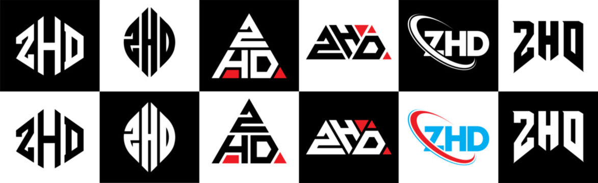 ZHD letter logo design in six style. ZHD polygon, circle, triangle, hexagon, flat and simple style with black and white color variation letter logo set in one artboard. ZHD minimalist and classic logo