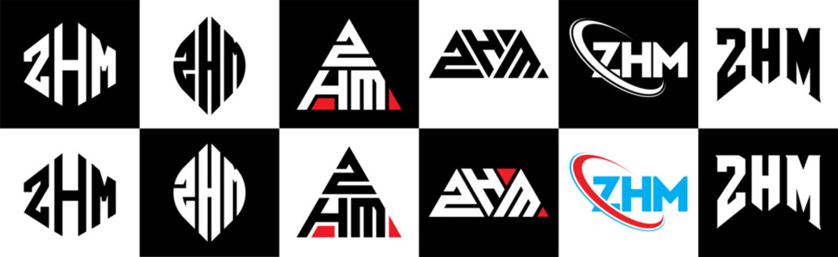 ZHM letter logo design in six style. ZHM polygon, circle, triangle, hexagon, flat and simple style with black and white color variation letter logo set in one artboard. ZHM minimalist and classic logo