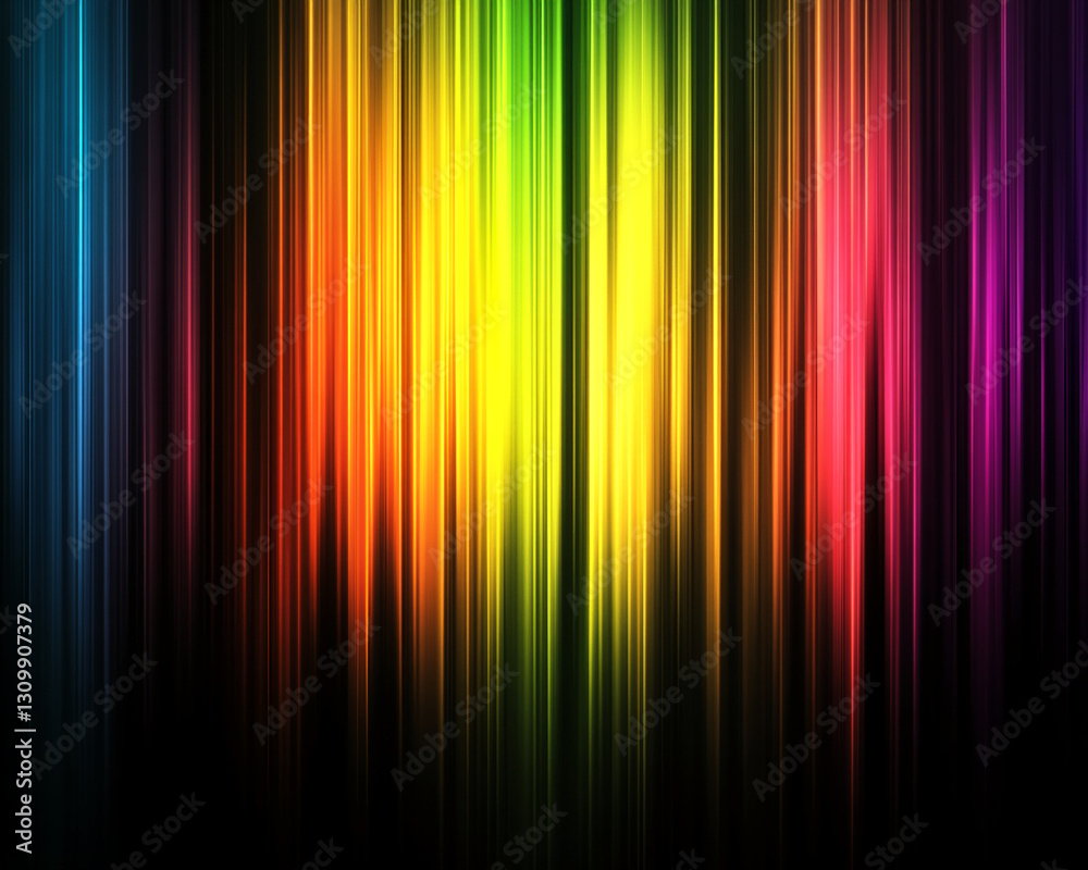 Poster abstract image of vertical, multicolored light streaks on black background, creating a vibrant and d
