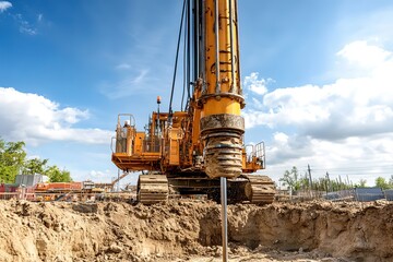 Powerful hydraulic drilling rig works on construction site. Drilling bored piles into earth. Construction vehicle drills holes for pile foundations. Heavy machinery operates outdoors, 32k Resolution