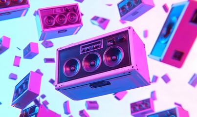 Obraz premium Retro Style Speakers Floating in Colorful Abstract Space