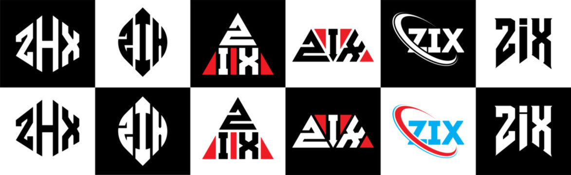 ZIX letter logo design in six style. ZIX polygon, circle, triangle, hexagon, flat and simple style with black and white color variation letter logo set in one artboard. ZIX minimalist and classic logo