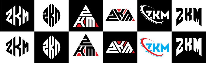 ZKM letter logo design in six style. ZKM polygon, circle, triangle, hexagon, flat and simple style with black and white color variation letter logo set in one artboard. ZKM minimalist and classic logo