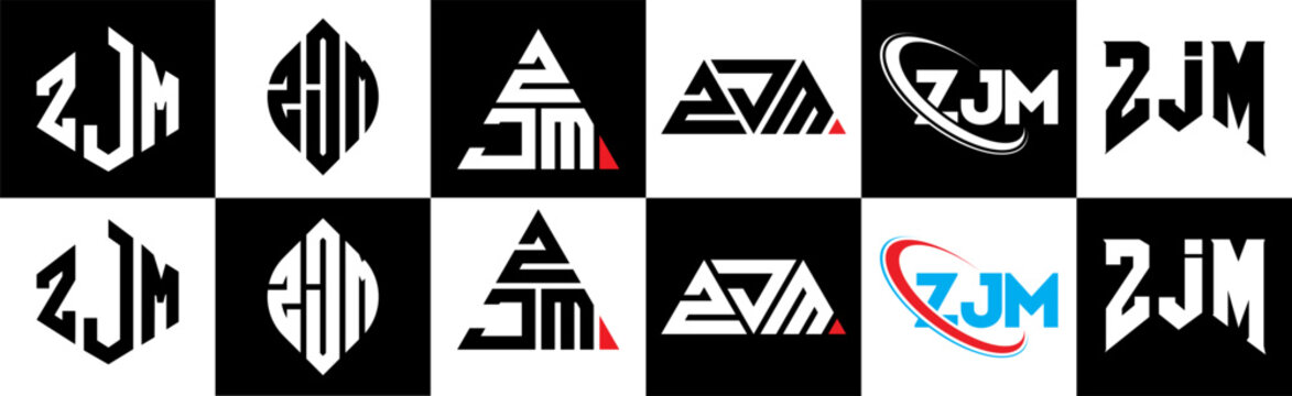 ZJM letter logo design in six style. ZJM polygon, circle, triangle, hexagon, flat and simple style with black and white color variation letter logo set in one artboard. ZJM minimalist and classic logo