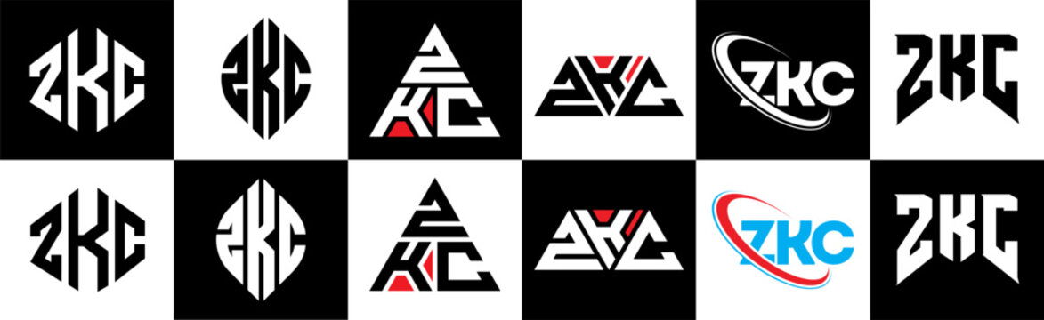 ZKC letter logo design in six style. ZKC polygon, circle, triangle, hexagon, flat and simple style with black and white color variation letter logo set in one artboard. ZKC minimalist and classic logo