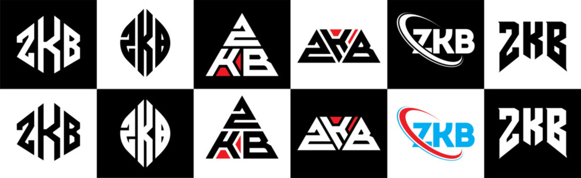 ZKB letter logo design in six style. ZKB polygon, circle, triangle, hexagon, flat and simple style with black and white color variation letter logo set in one artboard. ZKB minimalist and classic logo