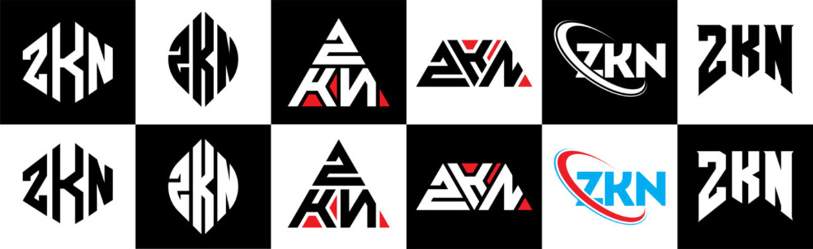 ZKN letter logo design in six style. ZKN polygon, circle, triangle, hexagon, flat and simple style with black and white color variation letter logo set in one artboard. ZKN minimalist and classic logo