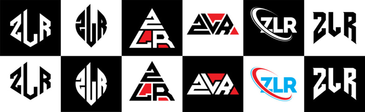 ZLR letter logo design in six style. ZLR polygon, circle, triangle, hexagon, flat and simple style with black and white color variation letter logo set in one artboard. ZLR minimalist and classic logo