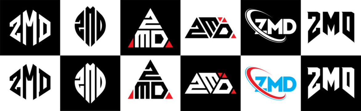 ZMD letter logo design in six style. ZMD polygon, circle, triangle, hexagon, flat and simple style with black and white color variation letter logo set in one artboard. ZMD minimalist and classic logo