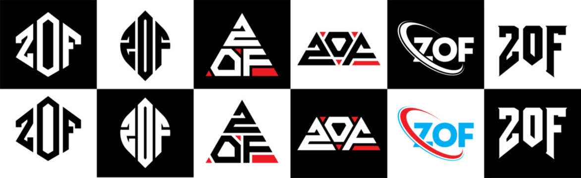 ZOF letter logo design in six style. ZOF polygon, circle, triangle, hexagon, flat and simple style with black and white color variation letter logo set in one artboard. ZOF minimalist and classic logo