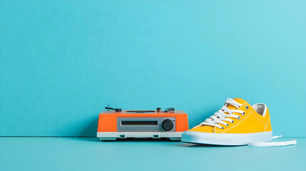 Naklejka premium Bright Yellow Sneakers Beside Retro Radio on Blue Background
