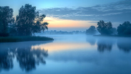Fototapeta premium Misty Sunrise Over Calm Lake
