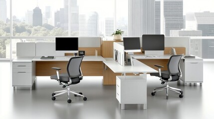 Modern office workspace, city view, teamwork, collaboration, business
