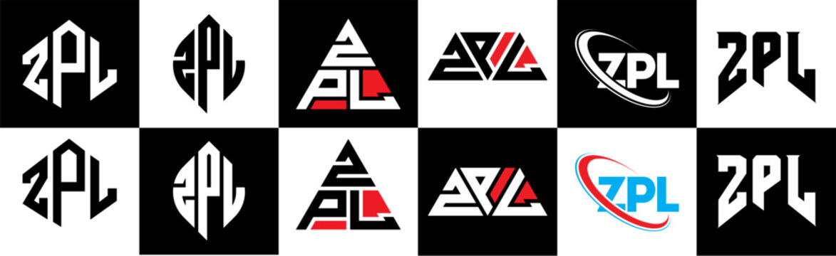 ZPL letter logo design in six style. ZPL polygon, circle, triangle, hexagon, flat and simple style with black and white color variation letter logo set in one artboard. ZPL minimalist and classic logo