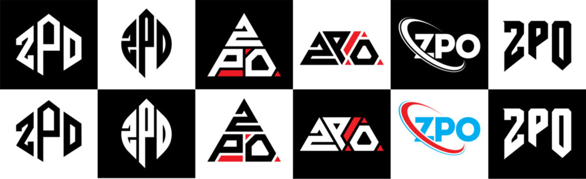 ZPO letter logo design in six style. ZPO polygon, circle, triangle, hexagon, flat and simple style with black and white color variation letter logo set in one artboard. ZPO minimalist and classic logo