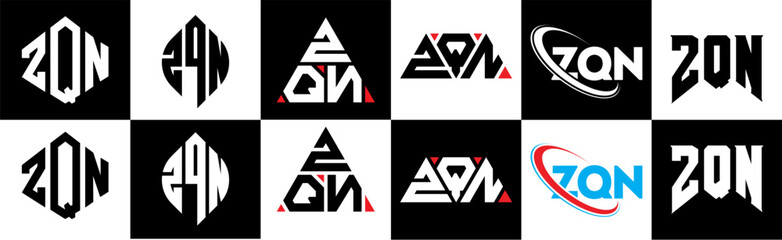 ZQN letter logo design in six style. ZQN polygon, circle, triangle, hexagon, flat and simple style with black and white color variation letter logo set in one artboard. ZQN minimalist and classic logo
