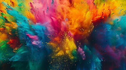 Happy Holi colorful background. Festival of colors, colorful rainbow holi paint color powder explosion isolated white wide panorama background.