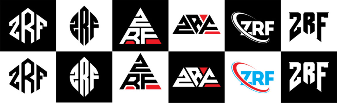 ZRF letter logo design in six style. ZRF polygon, circle, triangle, hexagon, flat and simple style with black and white color variation letter logo set in one artboard. ZRF minimalist and classic logo