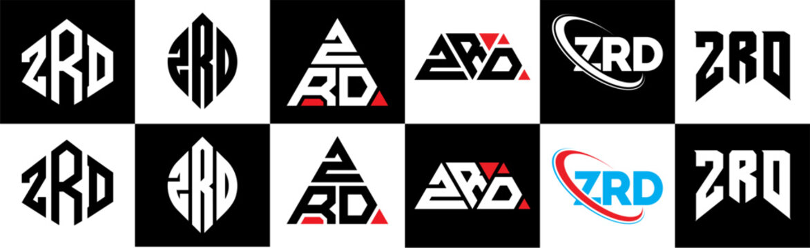 ZRD letter logo design in six style. ZRD polygon, circle, triangle, hexagon, flat and simple style with black and white color variation letter logo set in one artboard. ZRD minimalist and classic logo