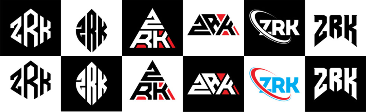 ZRK letter logo design in six style. ZRK polygon, circle, triangle, hexagon, flat and simple style with black and white color variation letter logo set in one artboard. ZRK minimalist and classic logo