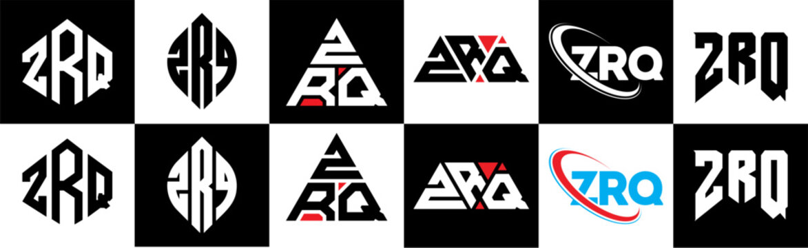ZRQ letter logo design in six style. ZRQ polygon, circle, triangle, hexagon, flat and simple style with black and white color variation letter logo set in one artboard. ZRQ minimalist and classic logo