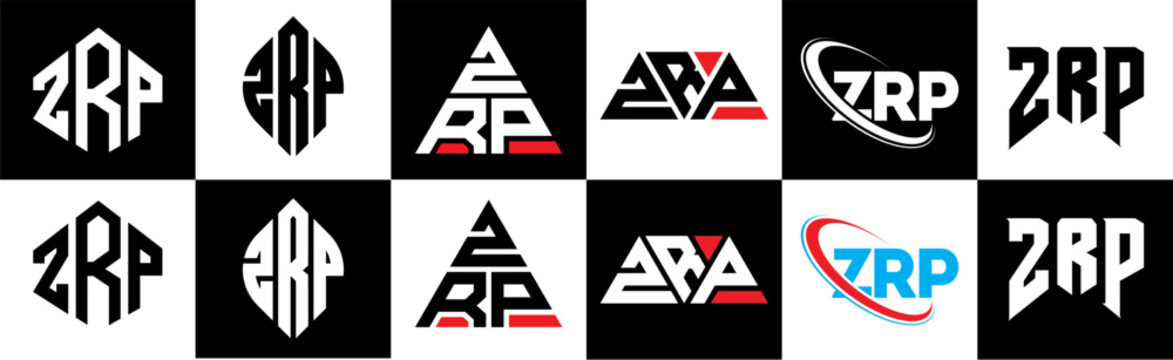 ZRP letter logo design in six style. ZRP polygon, circle, triangle, hexagon, flat and simple style with black and white color variation letter logo set in one artboard. ZRP minimalist and classic logo