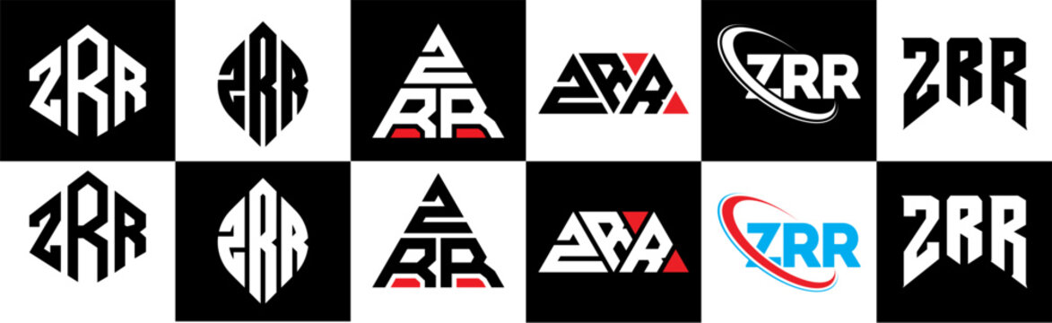ZRR letter logo design in six style. ZRR polygon, circle, triangle, hexagon, flat and simple style with black and white color variation letter logo set in one artboard. ZRR minimalist and classic logo