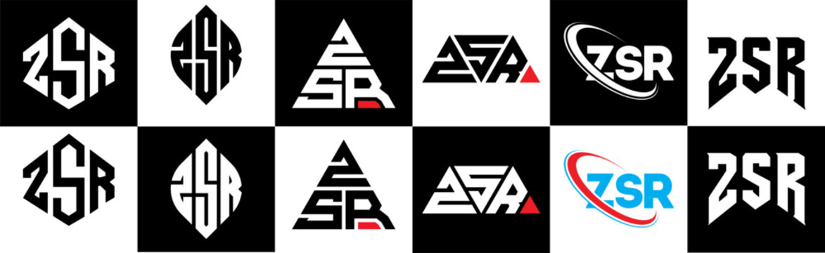 ZSR letter logo design in six style. ZSR polygon, circle, triangle, hexagon, flat and simple style with black and white color variation letter logo set in one artboard. ZSR minimalist and classic logo