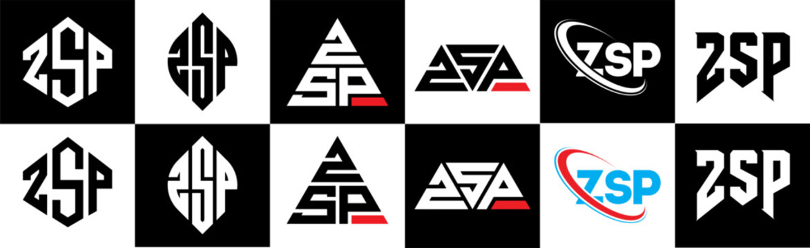 ZSP letter logo design in six style. ZSP polygon, circle, triangle, hexagon, flat and simple style with black and white color variation letter logo set in one artboard. ZSP minimalist and classic logo