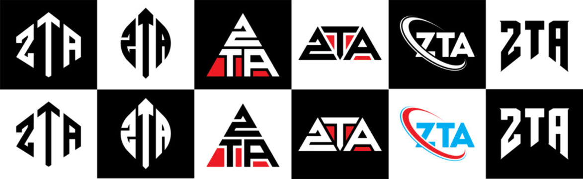 ZTA letter logo design in six style. ZTA polygon, circle, triangle, hexagon, flat and simple style with black and white color variation letter logo set in one artboard. ZTA minimalist and classic logo