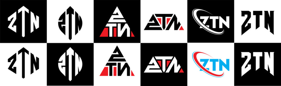 ZTN letter logo design in six style. ZTN polygon, circle, triangle, hexagon, flat and simple style with black and white color variation letter logo set in one artboard. ZTN minimalist and classic logo