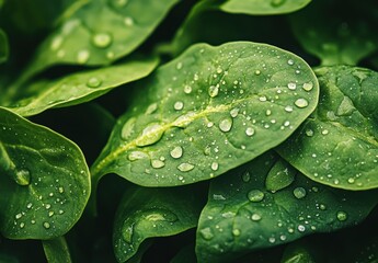 Fototapeta premium Fresh Green Spinach Leaves with Water Droplets Showcasing Brightness and Natural Beauty in a Lush and Vibrant Garden Setting